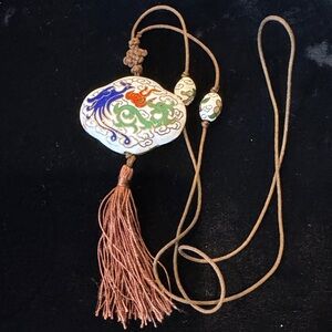 Multicolored Dragon & Phoenix Cloisonné Necklace on Chinese Knot Cord AS-IS